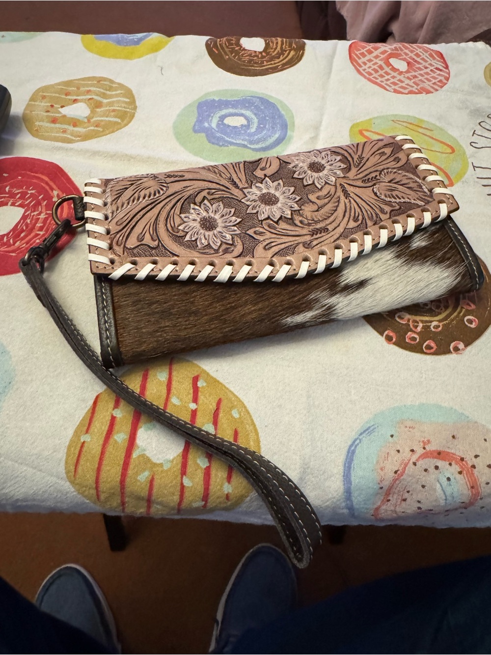 Hand-Tooled Floral Cowhide Wristlet Clutch in Brown